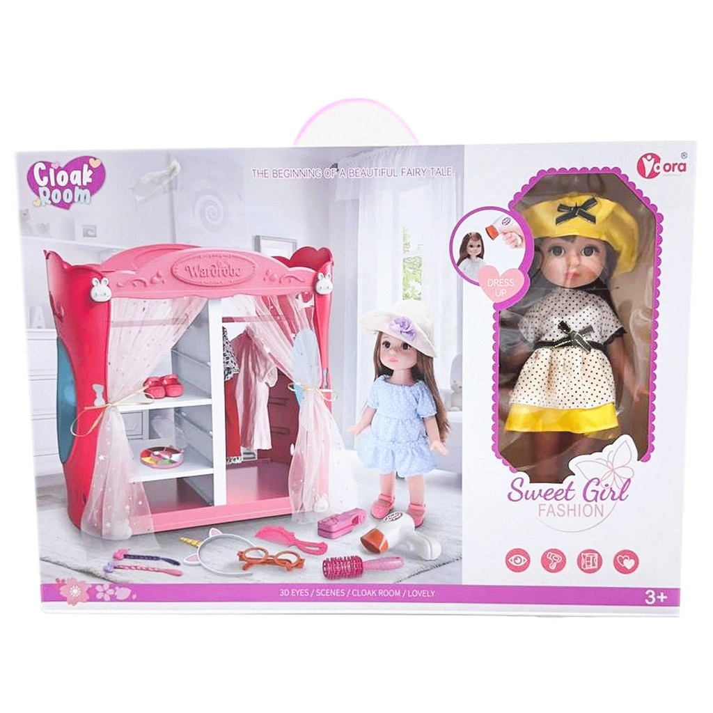 دمية أزياء الفتاة الحلوة مع خزانة ملابس وإكسسوارات